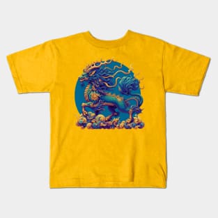 Chinese Qilin in blue and gold colors Kids T-Shirt